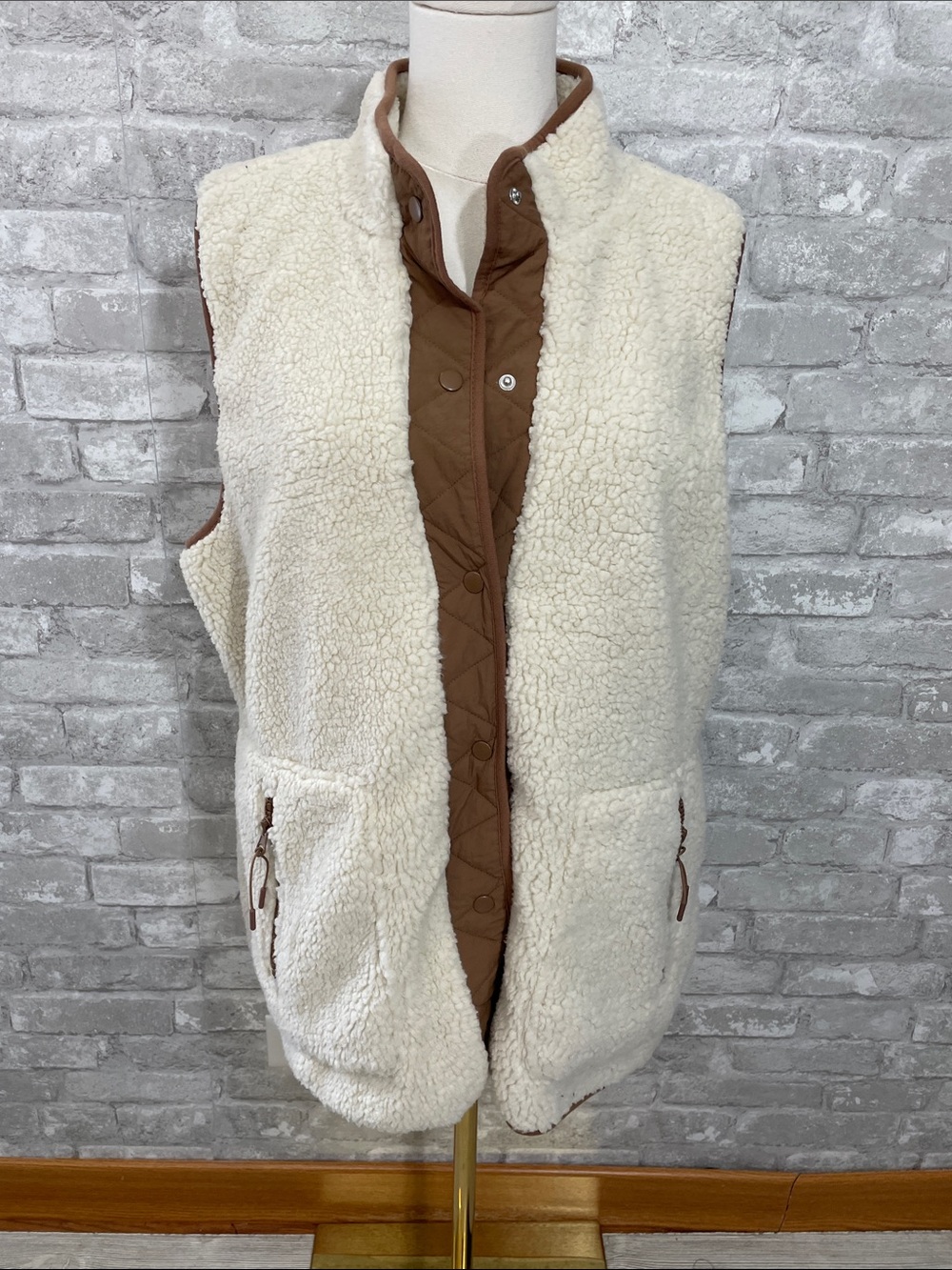 Maurices Cream Sherpa Vest with Brown Trim